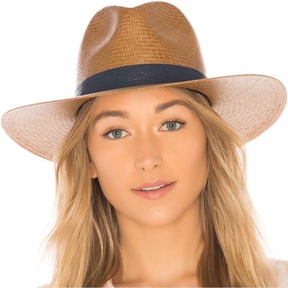 Janessa Leone ‘Panton’ Tan Straw Hat with Navy Blue Lamb Leather Band main image 9